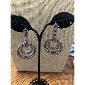 Avon Faux Marcasite Earrings Double Hoop Dangle Vintage 1980s Silver Tone